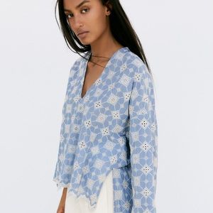 Zara Blue V Neck Embroidered Blouse Top
